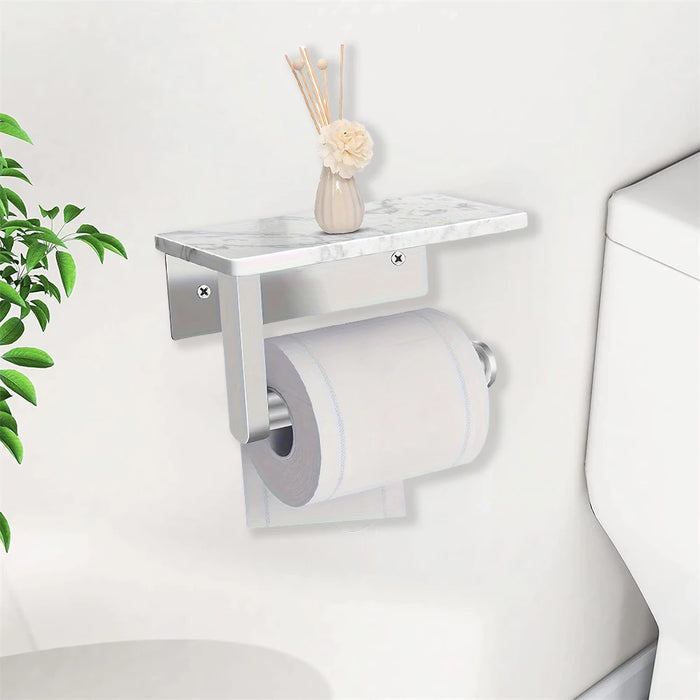 Stainless Steel Toilet Roll Holder with Marble Shelf and Mobile Phone Shelf