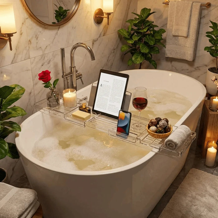 Transparent Expandable Bath Tray – Adjustable Tub Shelf, Anti‑Slip, Easy to Clean