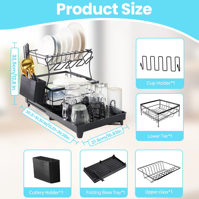 2-Tier Dish Drainer Rack with Utensil Holder – Space-Saving Metal Drying Rack