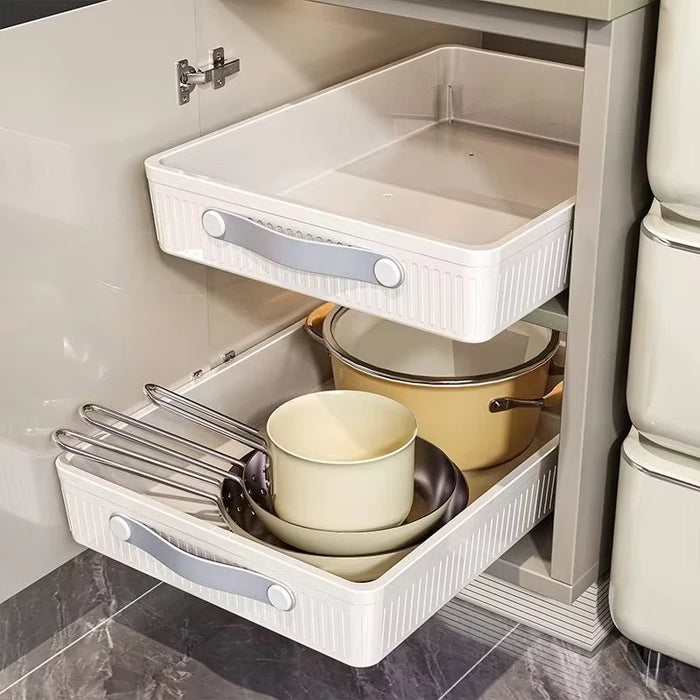 Pull-Out Cabinet Organiser Tray with Handle — Plastic, Reusable (White, M/L)