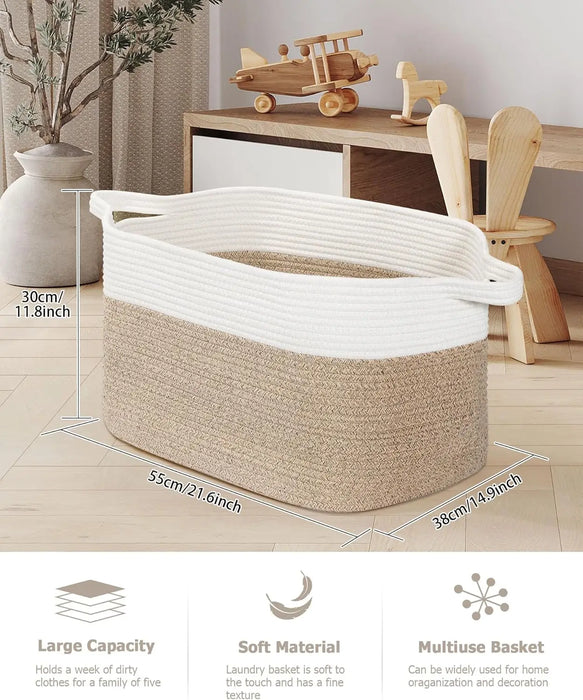 Large Cotton Rope Storage Basket — Foldable Laundry & Blanket Bin (55×38×30 cm)