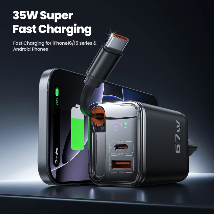 67W GaN Fast Charger with Retractable USB‑C Cable, PD3.0 & PPS, Digital Display (EU Plug) — for iPhone 17/16 & Samsung S25/S24