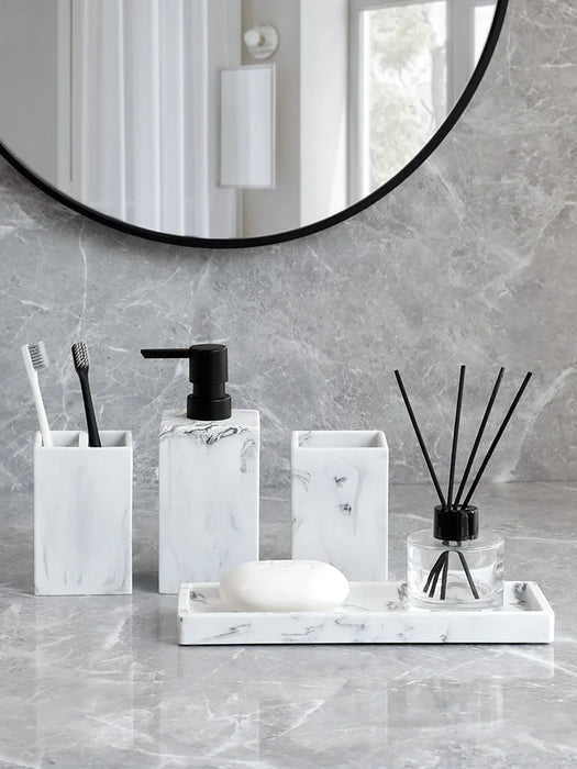4-Piece Marble-Pattern Resin Bathroom Set — Lotion/Soap Dispenser, Toothbrush Holder, Tumbler & Tray (Black or White)