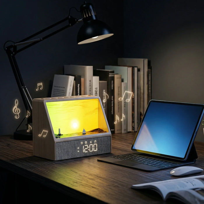 Sunrise Wake‑Up Light with White Noise, Bluetooth Night Lamp (Wood Grain)