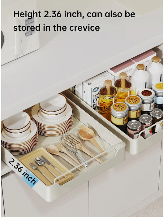 Pull-Out Sliding Cabinet Storage Box — Stick-On Kitchen & Pantry Organiser (Beige)