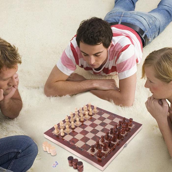 29x29cm Foldable 3‑in‑1 Wooden Chess, Checkers & Backgammon Board