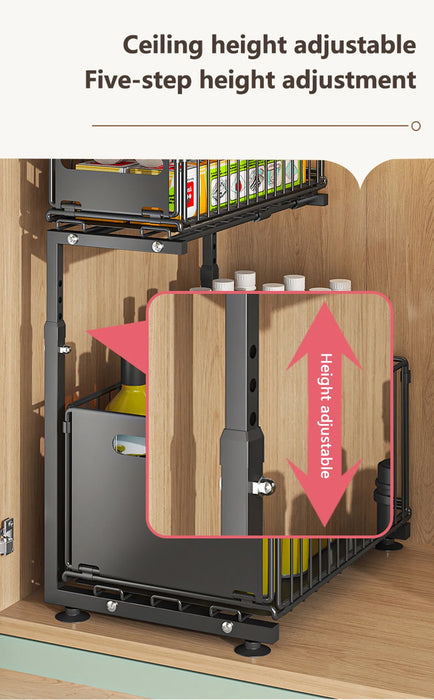 2-Tier Under-Sink Pull-Out Organiser — Adjustable Height Thickened Metal Sliding Drawers (Black or White)