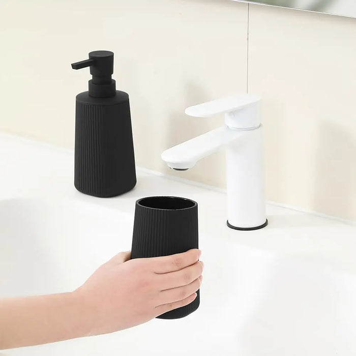 2-Piece Bathroom Set – Soap Dispenser & Toothbrush Holder, Striped Black