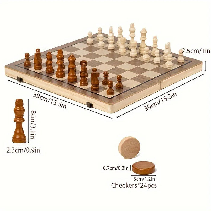 Wooden Folding Chess & Checkers Set — Portable Table Game with 2 Extra Queens, Beginner Friendly