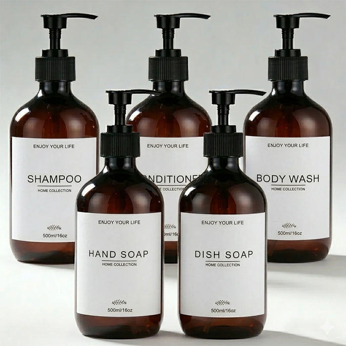 Set of 5 Amber 500ml Refillable Pump Bottles – Empty Dispensers for Shampoo, Conditioner, Hand & Dish Soap