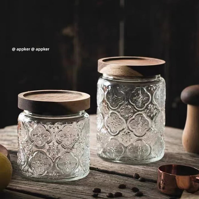 Vintage Glass Canister with Wooden Lid — Airtight Embossed Jar (M)