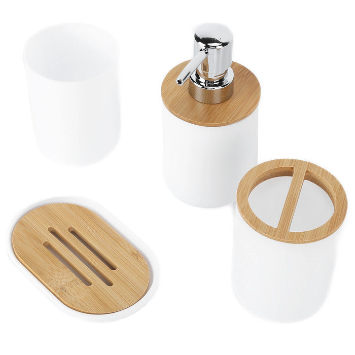 4-piece Bamboo-Accent Bathroom Set — Dispenser, Toothbrush Holder, Tumbler & Soap Dish