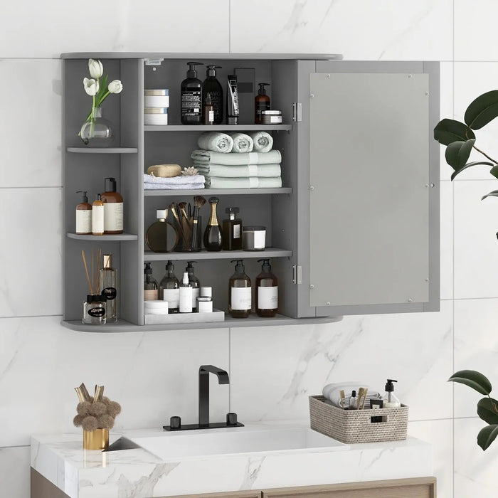 3-Tier Mirrored Bathroom Cabinet — Wall-Mounted with Display Shelves, Grey
