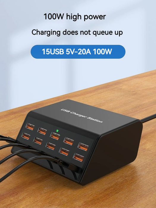 100W 15-Port Desktop USB Charger Station — Fast Charge for iPhone, iPad & Samsung