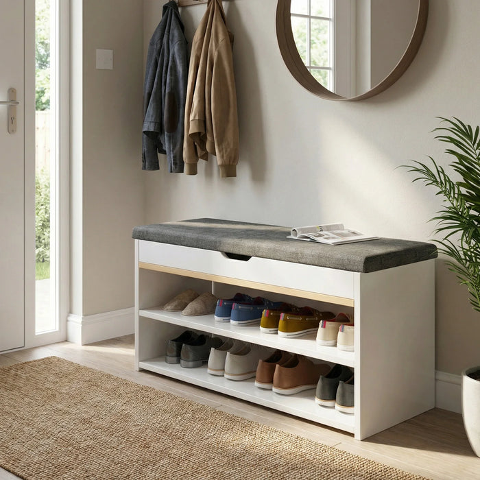 2-Tier Wooden Shoe Bench – Seat & Shoe Rack for Hallway, Entrance (White)