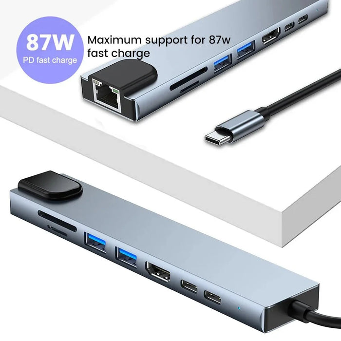 USB-C 8-in-1 Hub — HDMI 4K 30Hz, 100W PD, RJ45 100Mbps, SD/TF & USB 3.0