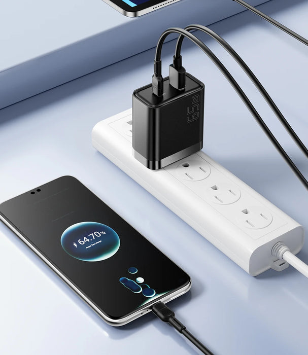 65W GaN USB-C PD Fast Charger with QC3.0 — Phone Adapter for iPhone 16 Pro Max & Galaxy S23 (UK plug option)