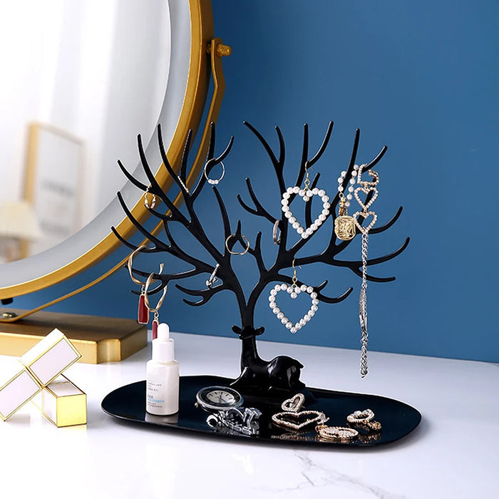 Reindeer Tree Jewellery Stand with Tray — PP Plastic Organiser (Black or White)