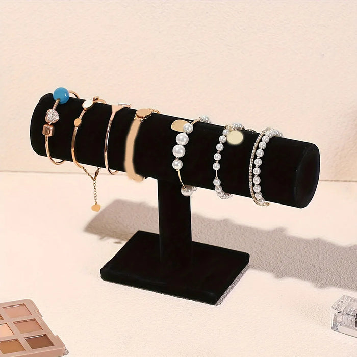 Velvet T-Bar Jewellery & Watch Display Stand — Desktop Bracelet Holder (Black/Grey)