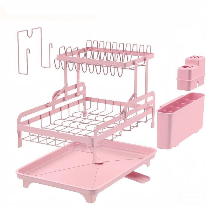 2-Tier Metal Dish Drying Rack with Drainboard — No Assembly, Foldable (Pink)