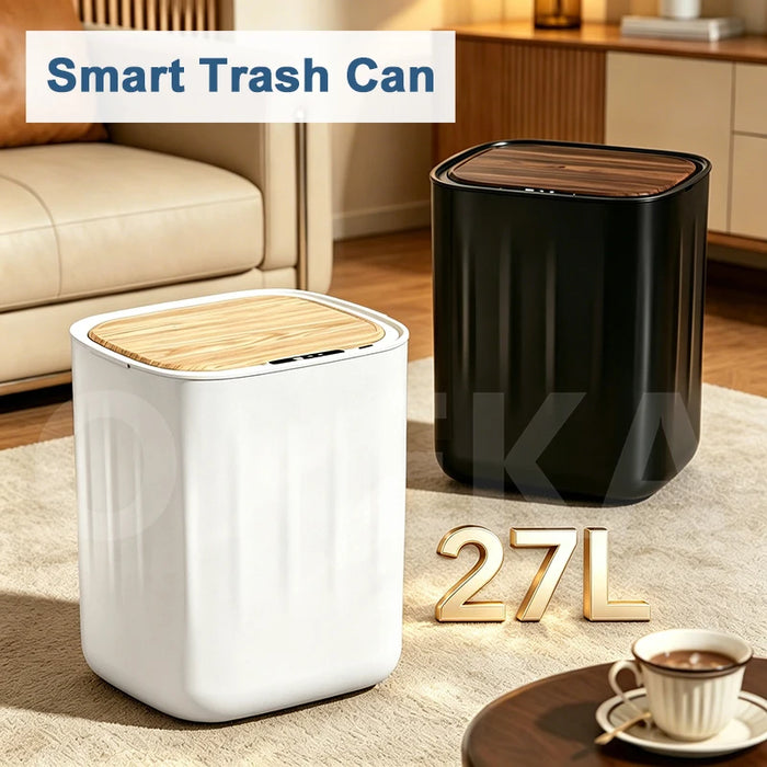 27L Sensor Bin with Built-in Bag Ring — Wood-Grain ABS