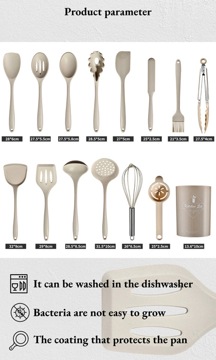 15-Piece Khaki Silicone Kitchen Utensil Set — Food-Grade Cookware Tools