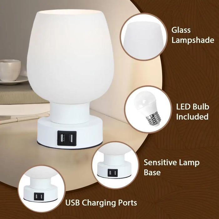 Nowoczesna lampka biurkowa LED z dotykową regulacją - ściemnialna, bez migotania, biała szklana osłona, lampka nocna - idealna do łatwego oświetlenia przy łóżku