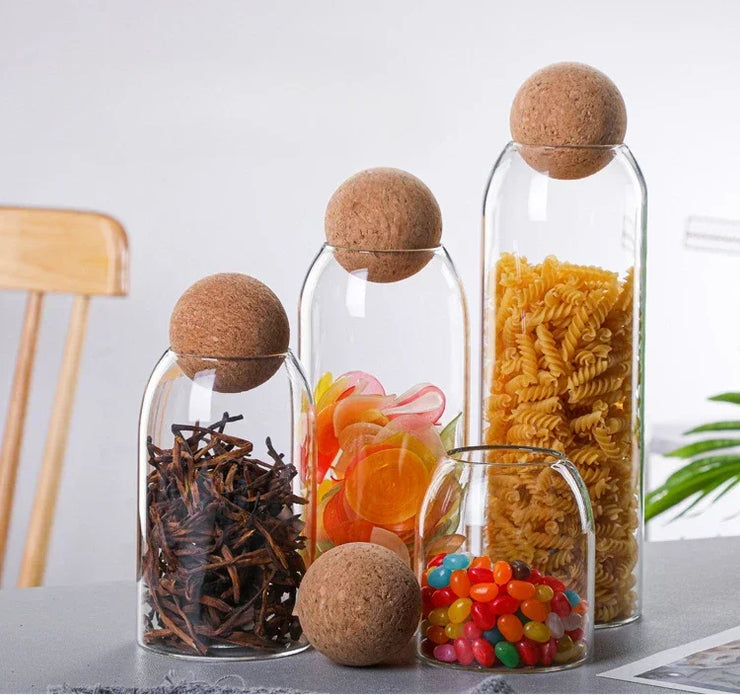 Hand‑blown Glass Storage Jars with Ball Cork Stopper — Transparent Kitchen Organiser for Tea, Spices & Nuts