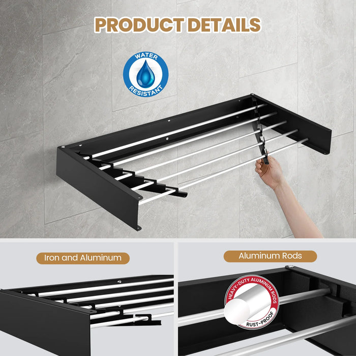 Collapsible Wall-Mounted Laundry Drying Rack — 5 aluminium rods, space-saving