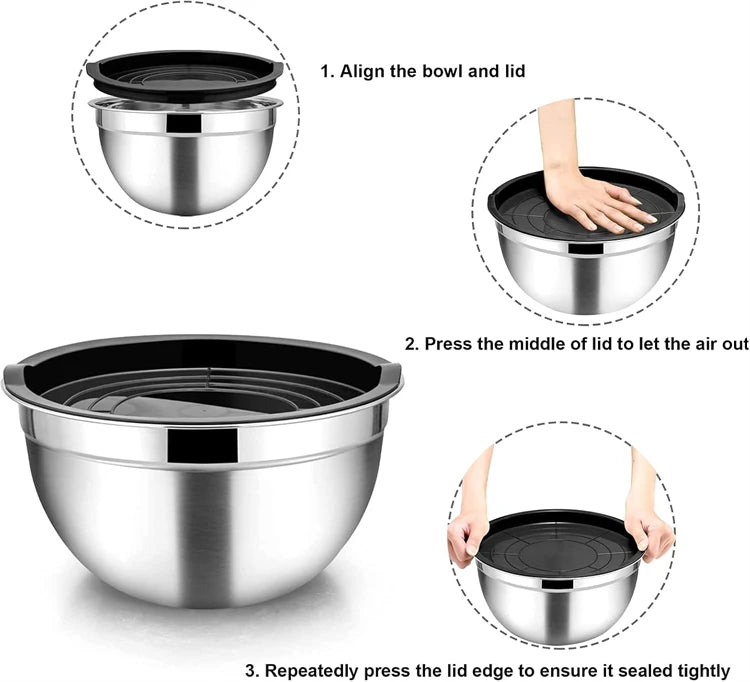 6-Piece Stainless Steel Nesting Mixing Bowls with Black Lids and Non-Slip Bases