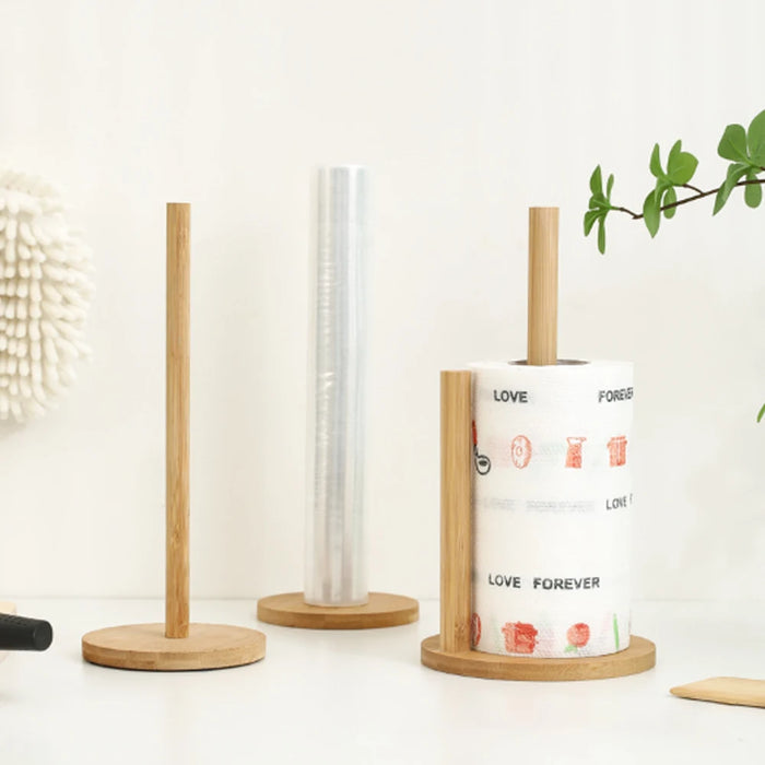 Bamboo Paper Towel Holder — Vertical Wooden Roll & Cling Film Organiser