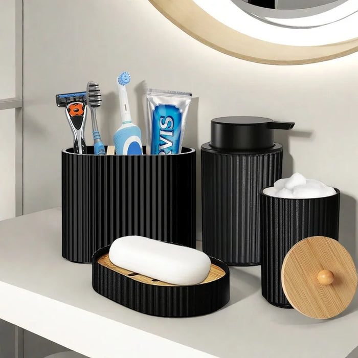Black 4-Piece Bathroom Accessory Set – Foam Dispenser, Toothbrush Holder, Cotton Box & Soap Dish