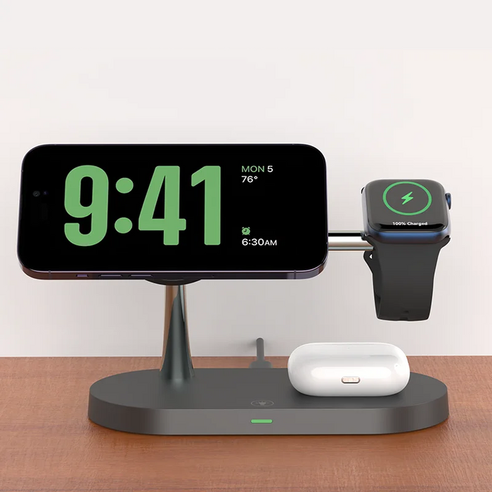 3-in-1 Magnetic Wireless Charger Stand for iPhone 12–17, Apple Watch Series 4–10 & AirPods (Qi)