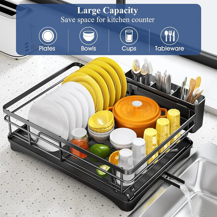 Steel 1-Tier Dish Rack with Angled Drainboard & 3-Slot Cutlery Caddy — Black