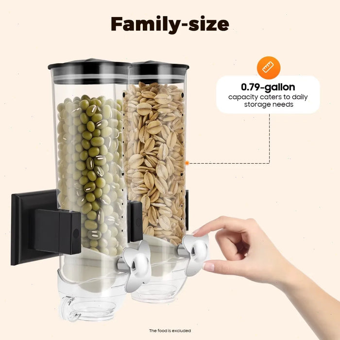 3L Wall‑Mounted Double Cereal Dispenser — Black with Measuring Cups