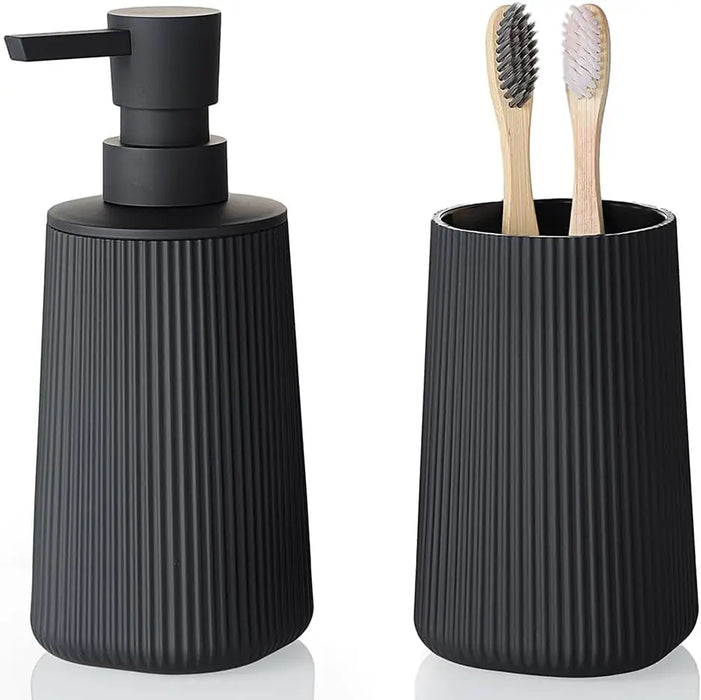 2-Piece Bathroom Set – Soap Dispenser & Toothbrush Holder, Striped Black
