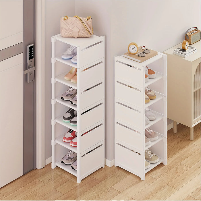 7-Grid Shoe Rack — Metal Tube Frame with Fabric Shelves, Floor Installation, Black or White