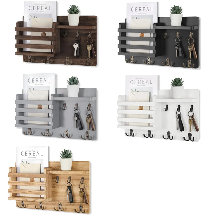 Rustic Wood Wall Mail Organiser with Key Hooks and Floating Shelf