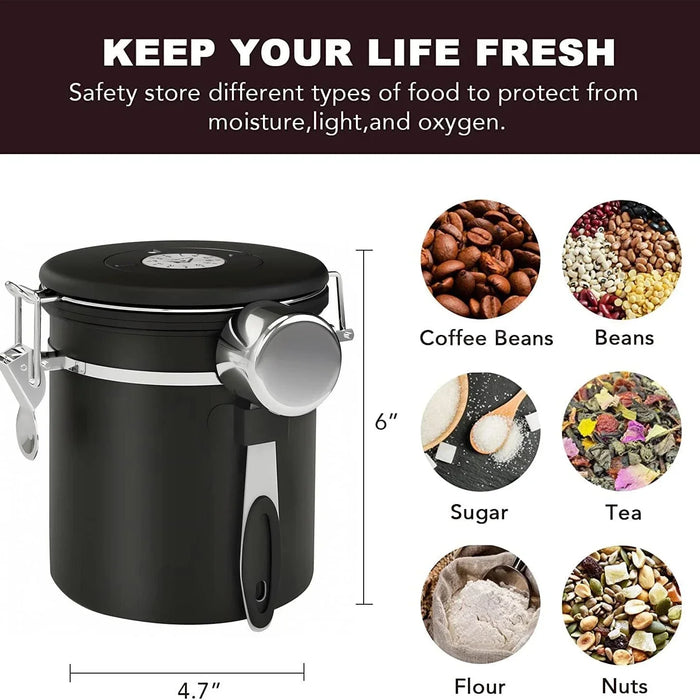 Airtight Stainless Steel Coffee Canister 22oz (1800ml) with Scoop — Black
