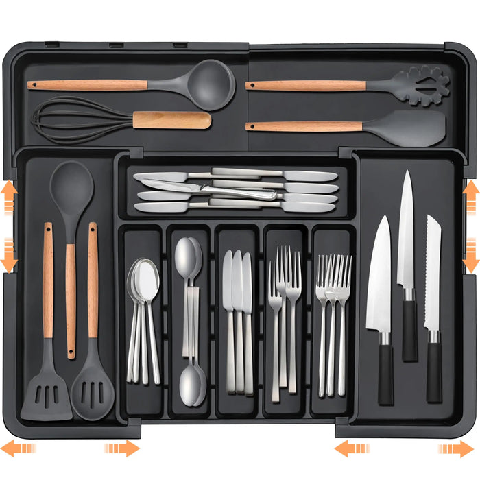 Expandable Kitchen Drawer Organiser for Cutlery – Adjustable 6–9 Slot Tray, Black