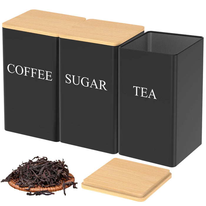 3‑Piece 1 L Coffee, Tea & Sugar Canisters with Airtight Bamboo Lids — Metal Storage Jars