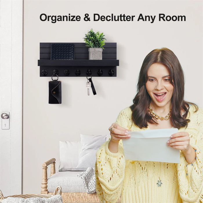 Wood Wall-Mounted Key & Mail Holder with 7 Hooks and Shelf