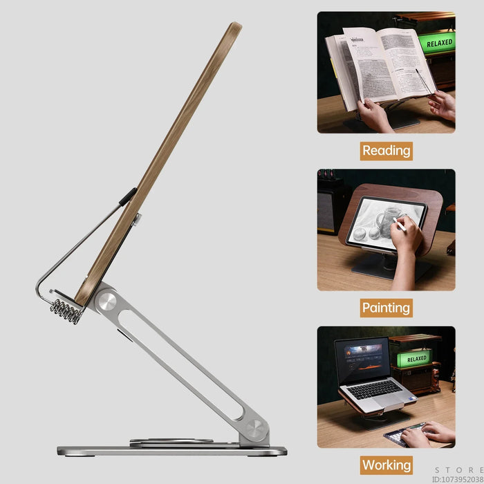 Foldable 360° Rotating R10 Book & Tablet Stand with Walnut Panel