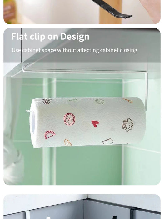 Under-Cabinet Paper Roll Holder – No‑Drill Towel & Cling Film Rack (White/Black)