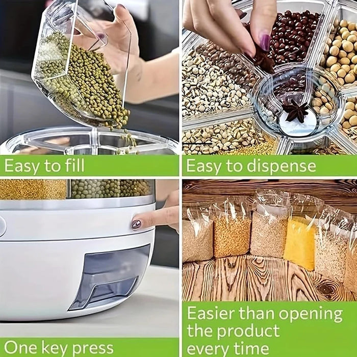 360° Rotating 6-Compartment Airtight Food Dispenser — Storage for Rice, Cereal & Dry Goods