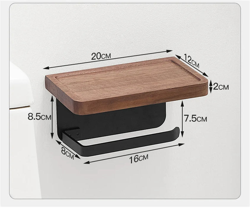 Wooden Toilet Roll Holder with Shelf — Wall-mounted, Rustproof Matt Black