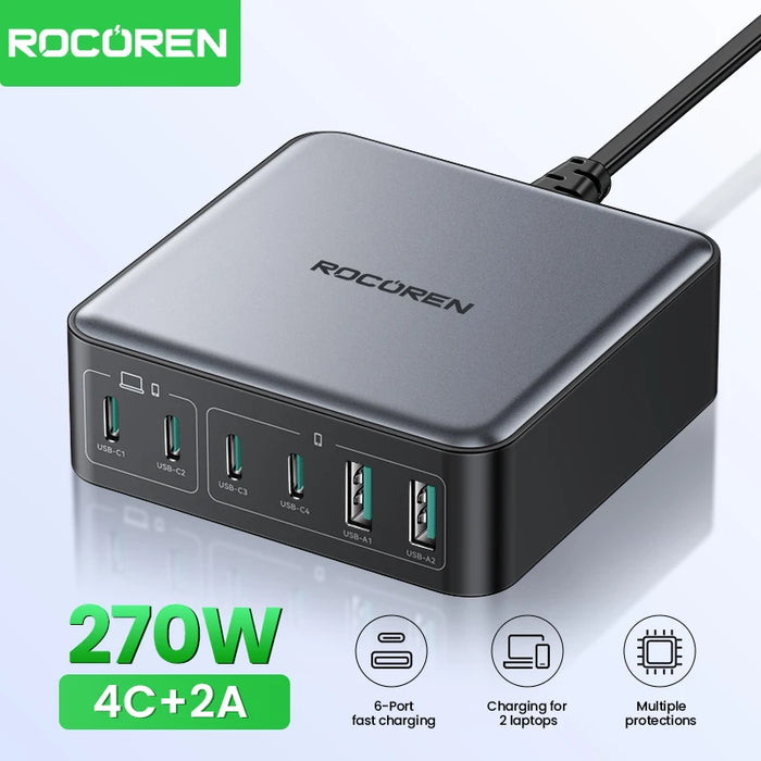 200W GaN 6-in-1 Desktop USB-C PD Charger — 4× USB-C, 2× USB-A