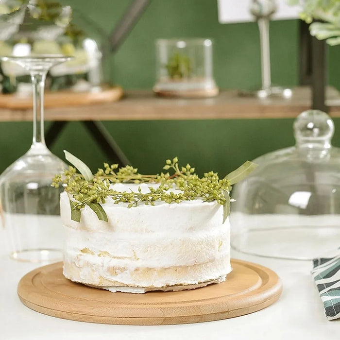 Wooden Cake Stand with Transparent Dome — Dessert Plate & Cupcake Display (Turntable)
