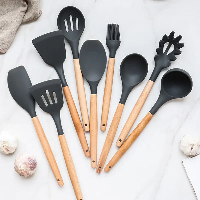 12-Piece Silicone Kitchen Utensil Set with Wooden Handles, Non-Stick
