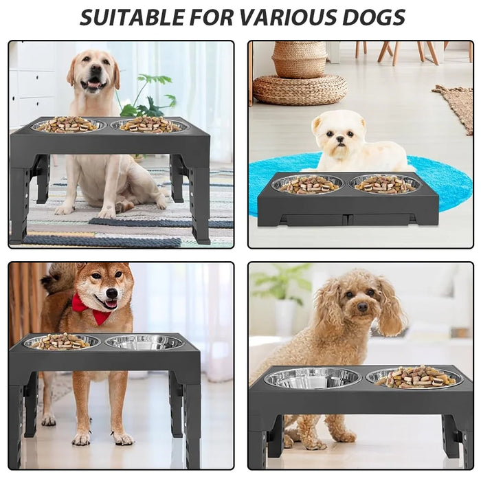 Adjustable Raised Dog Feeding Station with Two Stainless Steel Bowls - Black